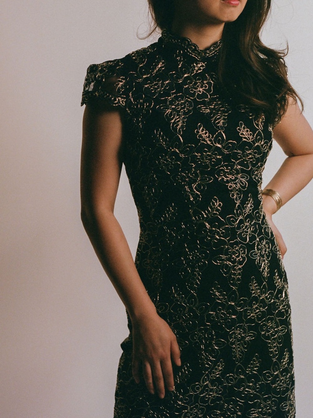 Alice + Olivia β’ Jacquard thread wrapped lace high neck midi dress